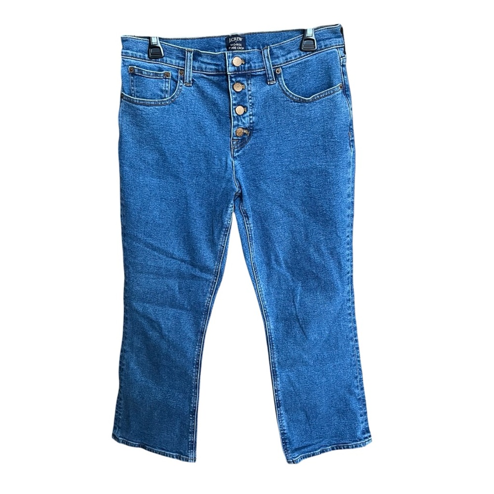 J Crew Womens Blue Mid Rise Flare Crop Button Fly Medium Wash Jeans Size 29